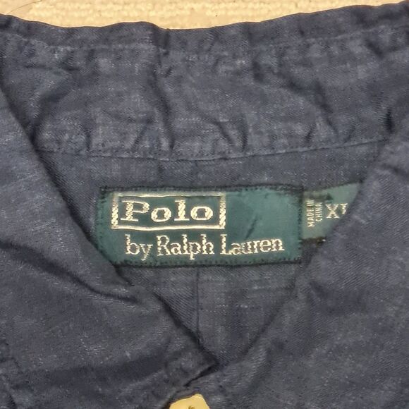 VTG Polo Ralph Lauren Shirt Mens XL 100% Linen Navy Blue 2 Pocket Button Up NWT - Picture 2 of 8